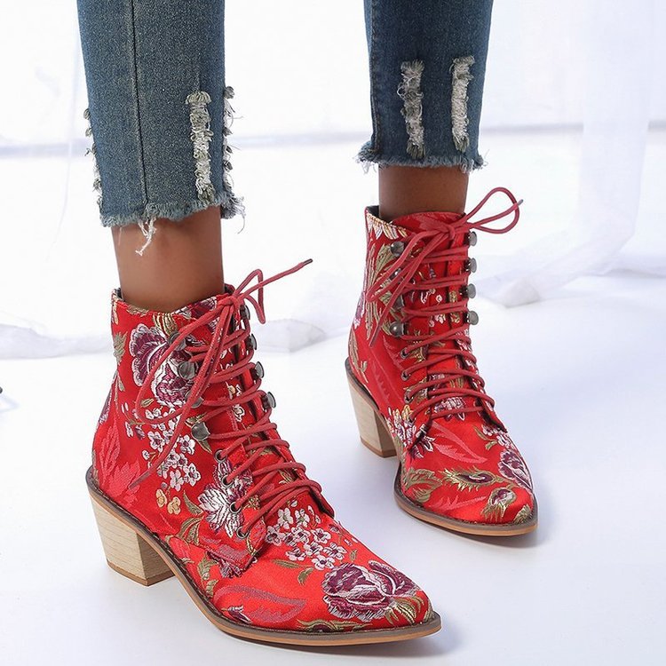 Ethnic Style Pointed Thick Heel Lace Embroidered Short Boots Women