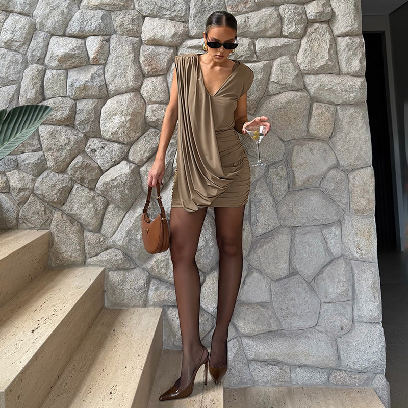 Designer Deep V-Neck Sleeveless Pleated Dress For Women