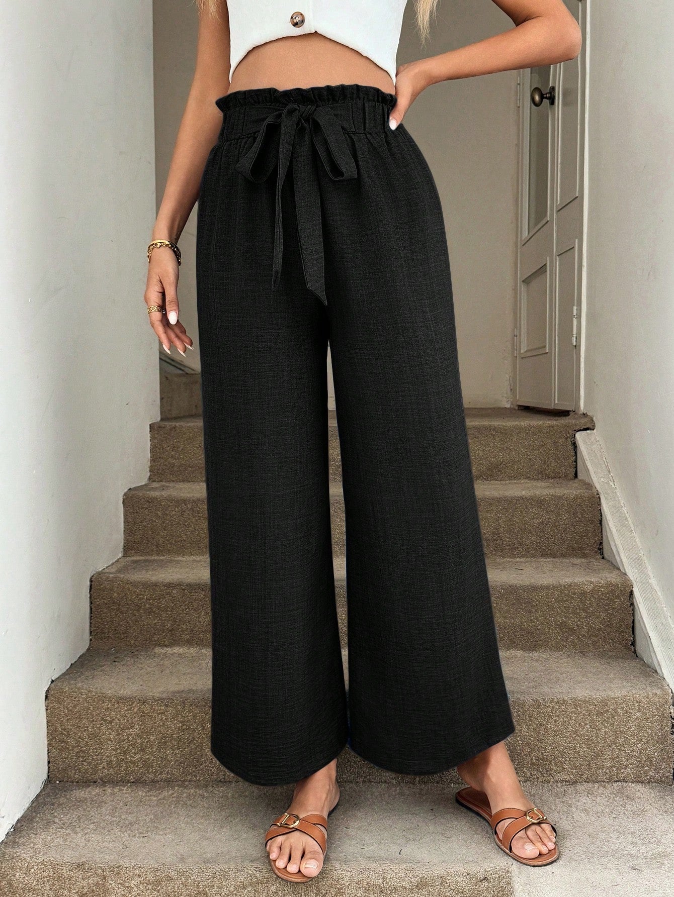 Bow-tie Waistband Casual Resort Flowy Pants
