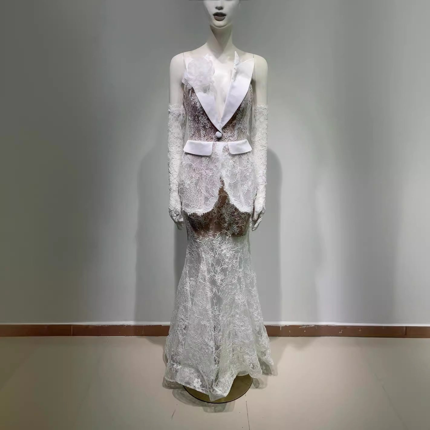 Suit Collar Sequined Lace Stitching High Waist Long Fishtail Skirt
