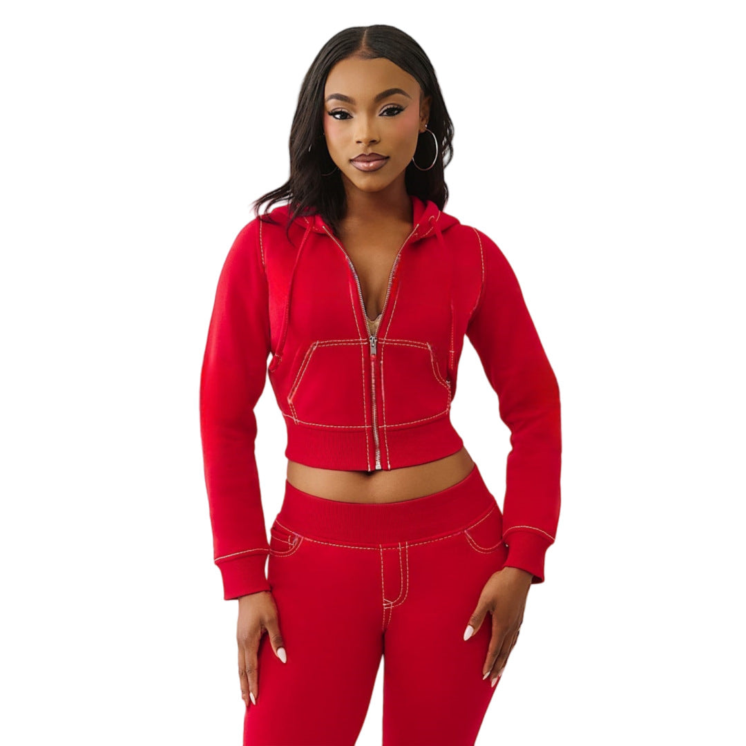 Stylish Casual Solid-color Hooded Cardigan Two-piece Set