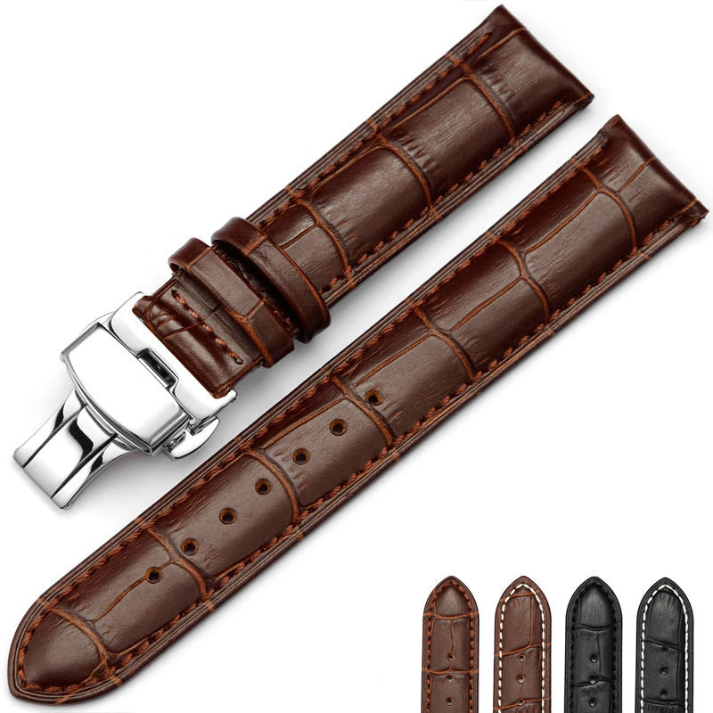 Double Click Elastic Butterfly Clasp Top Layer Cow Leather Watch Strap