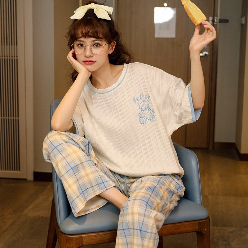Summer Pajamas Women's Short-sleeved Trousers Cotton Two-piece Set