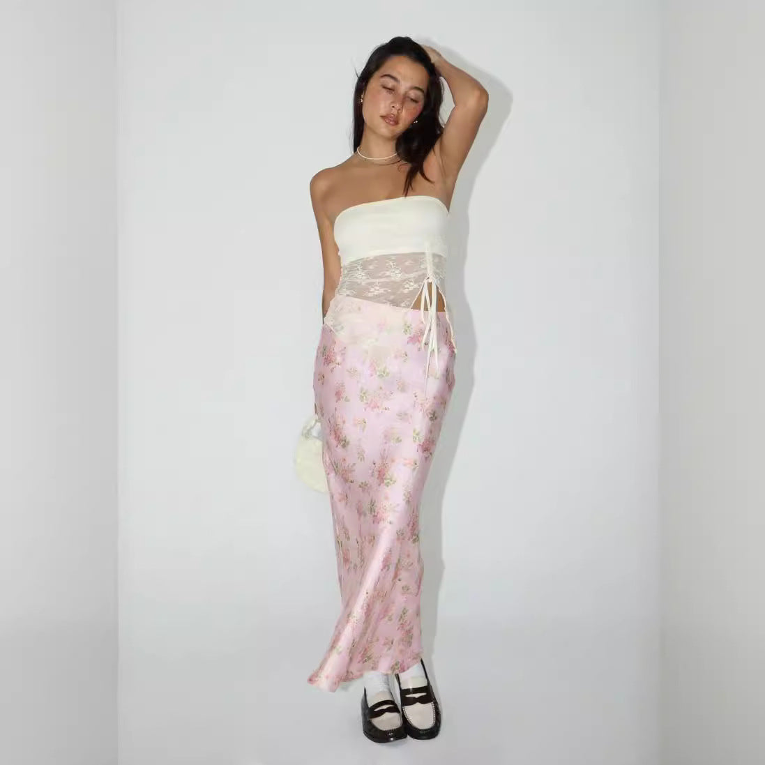 Satin Printed Dress With Back Slit And High-end Drape