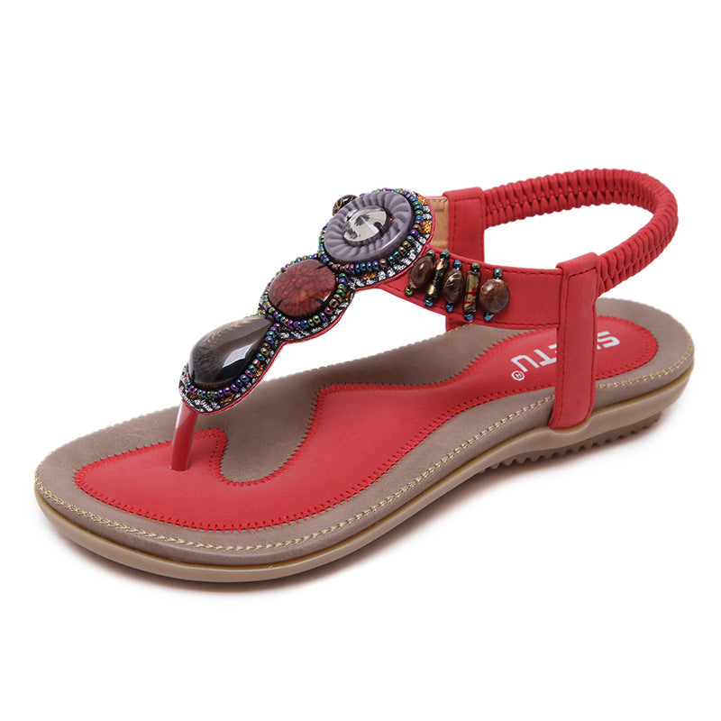 Ethnic Style Sandals Women Thailand Travel Beach Bohemian Retro Beaded Large Size Flat Shoes