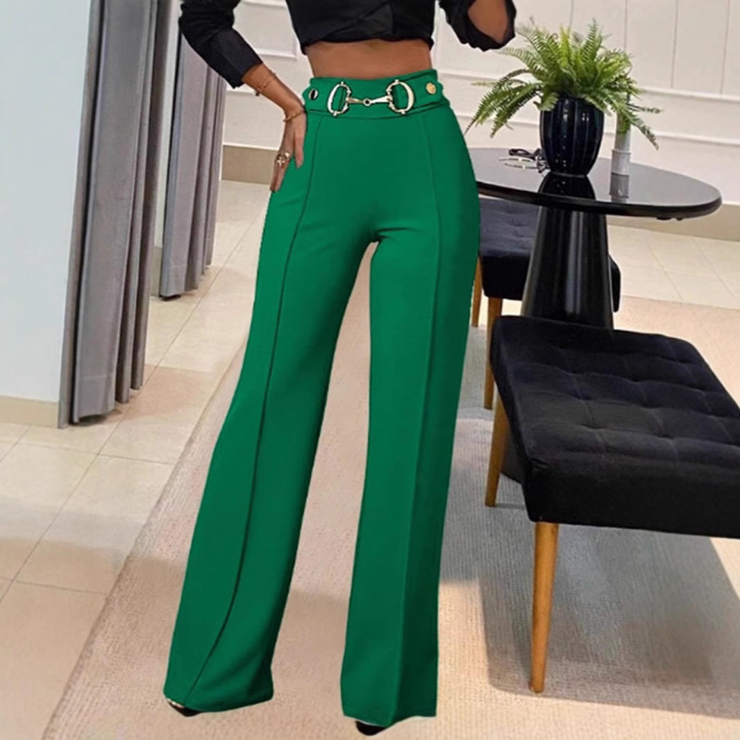 Solid-color High-waisted Womens Casual Straight-leg Pants