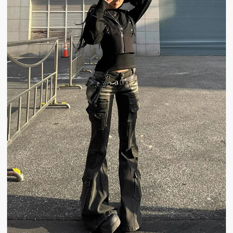 American Retro Multi-pocket Low-waist Slightly Flared Pants