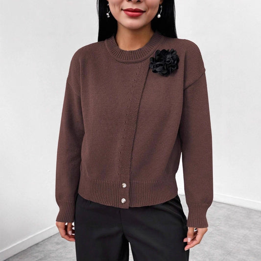 Dame Premium Elegant Ensfarvet Knap Blå Blomst Strikket Pullover