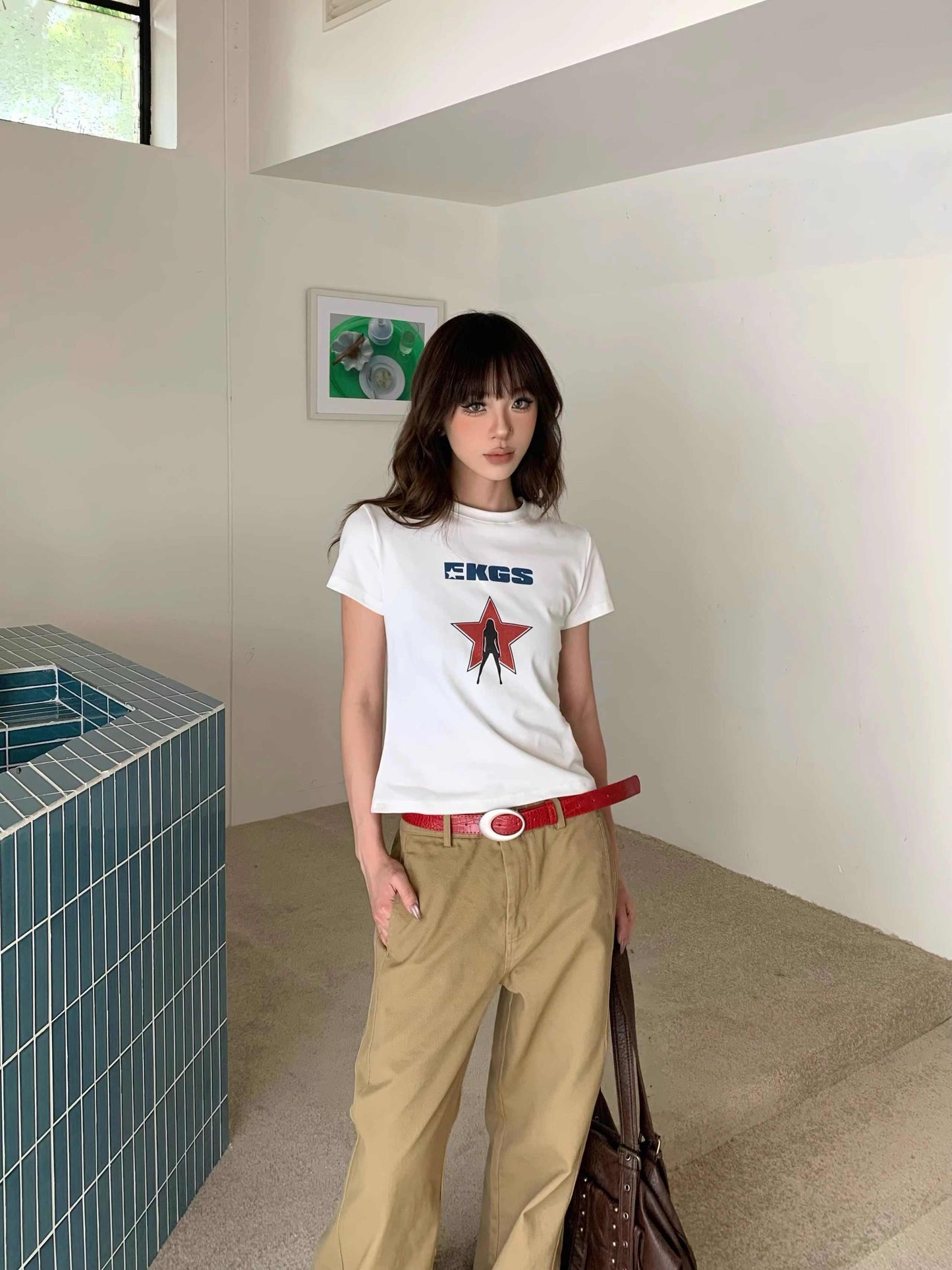 XINGX kortærmet T-shirt med print til damer, kort top