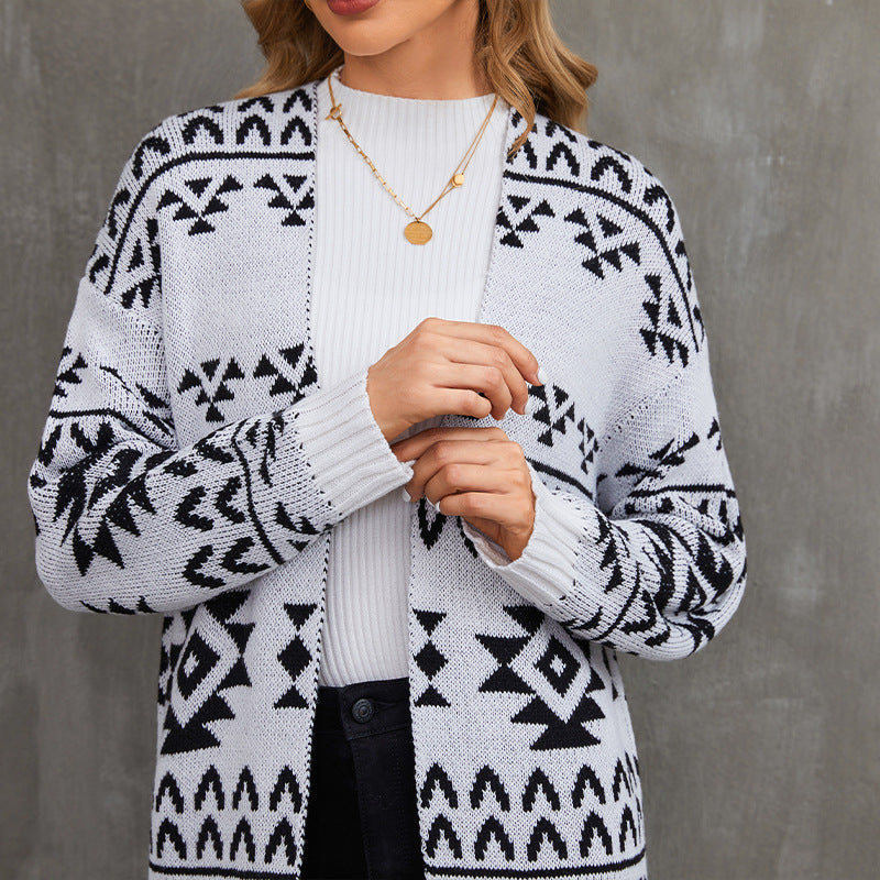 Jacquardstrikket Sweaterjakke Afslappet Strikket Lang Cardigan