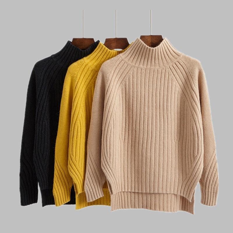 Pure Color Half Collar Sweater Women's Long-sleeved Front Short Back Long Knitted Bottoming Shirt