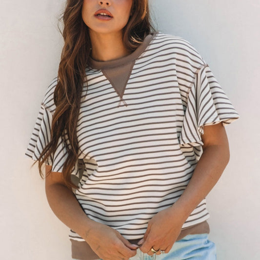 Round Neck Striped Printed Loose T-shirt