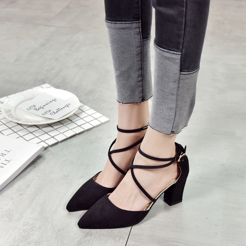Pointed Suede High-heeled Shoes With A Buckle And Lace-up