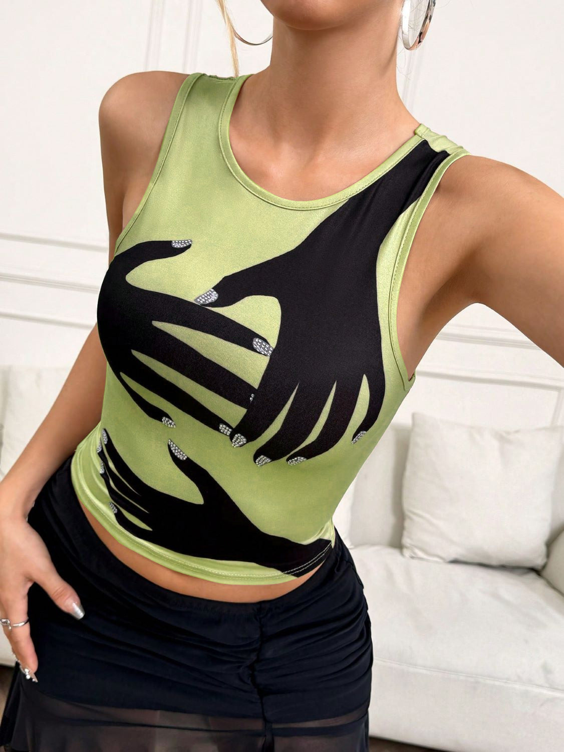 Y2K Printed Tank Top INS Fashion Streetwear Rund Hals Ærmeløs Top Sommer Dametøj