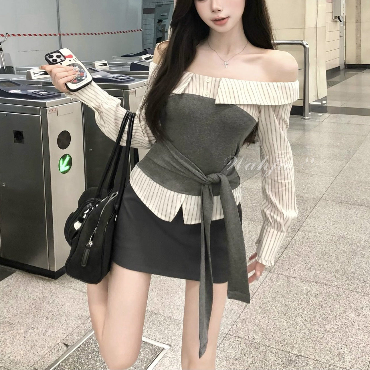 Early Autumn Color-blocking Striped Design Off-shoulder Slim-fit Top And Skirt Set