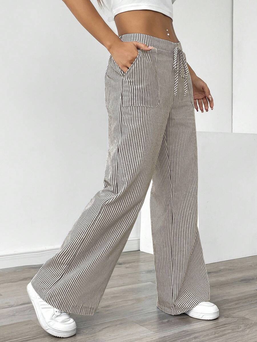 New Striped Trousers With Pockets Casual Versatile Loose Wide Leg Pants Women's Clothing