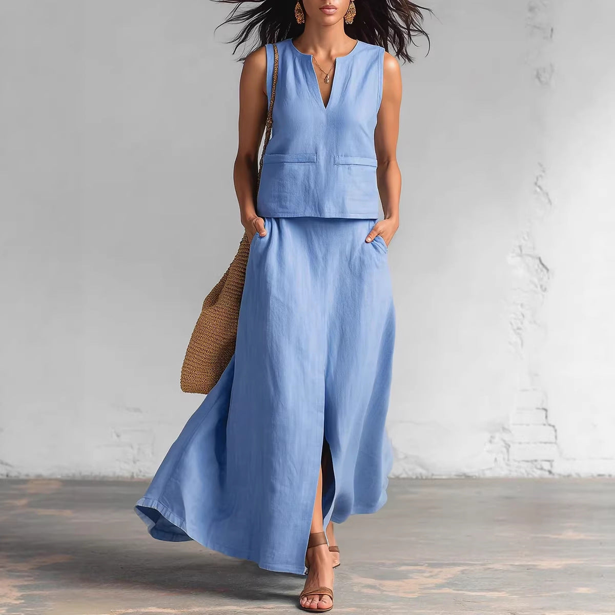 Simple And Elegant Two-piece Set Featuring A V-neck Top And A Skirt