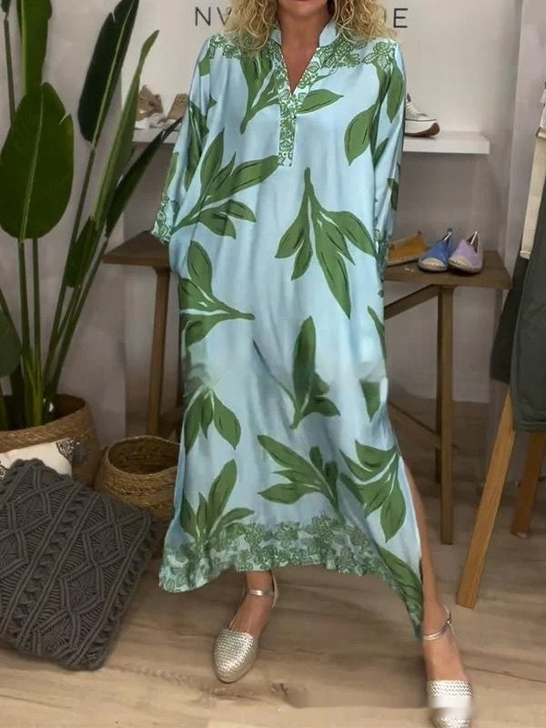 European And American Women's Clothing Spring And Autumn Sexy V-neck Plant Print Long Sleeve Dress