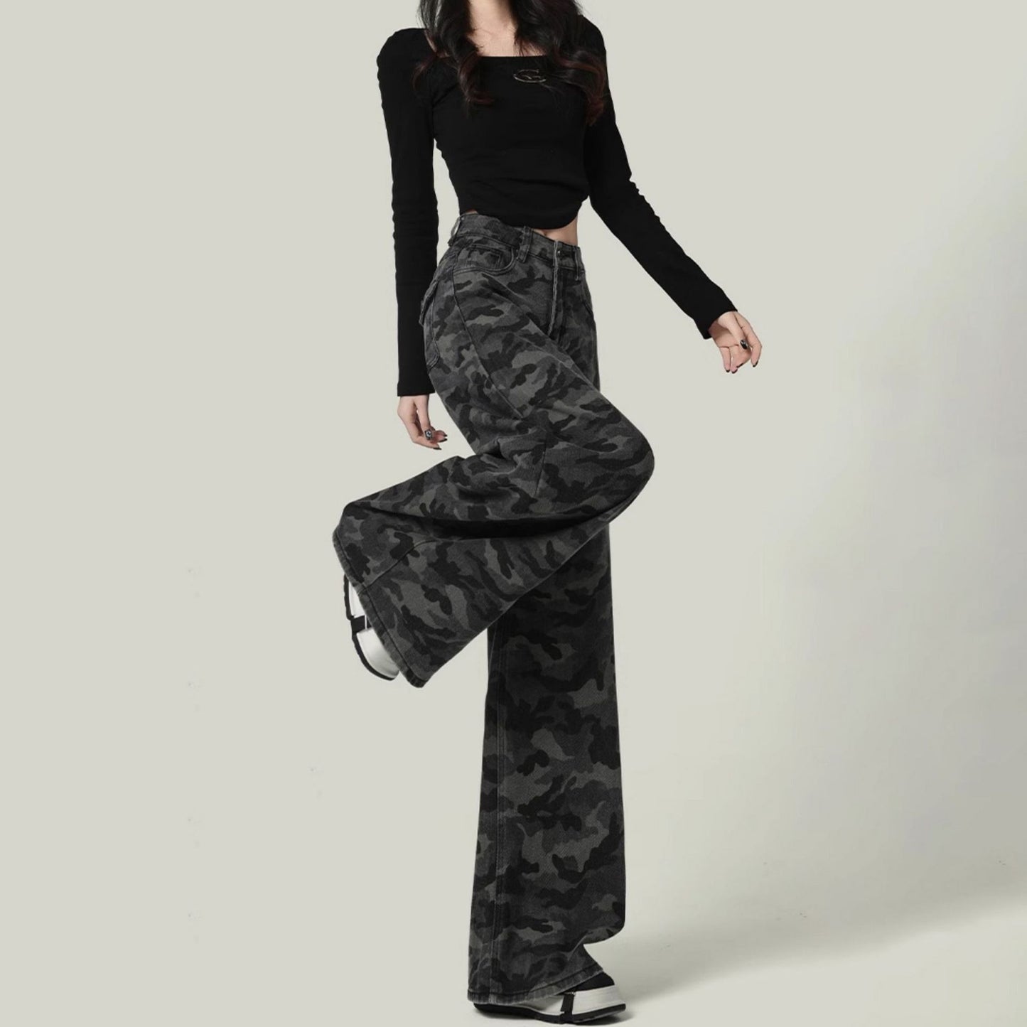 Women's American-style Wide-leg Camouflage Jeans