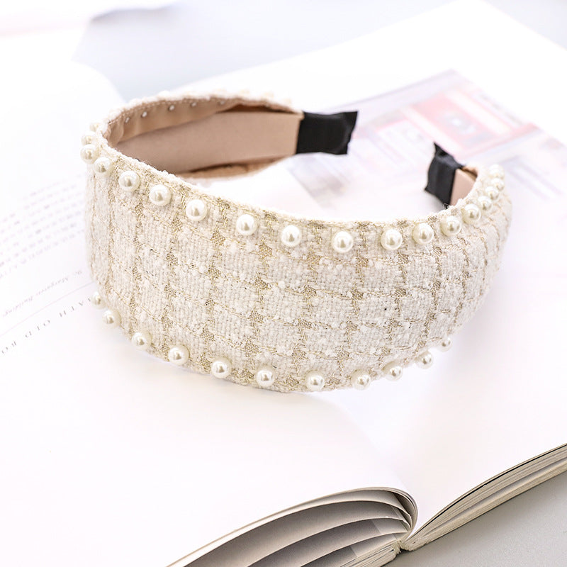 Pearl Headband Classic Ethnic Plaid Fabric