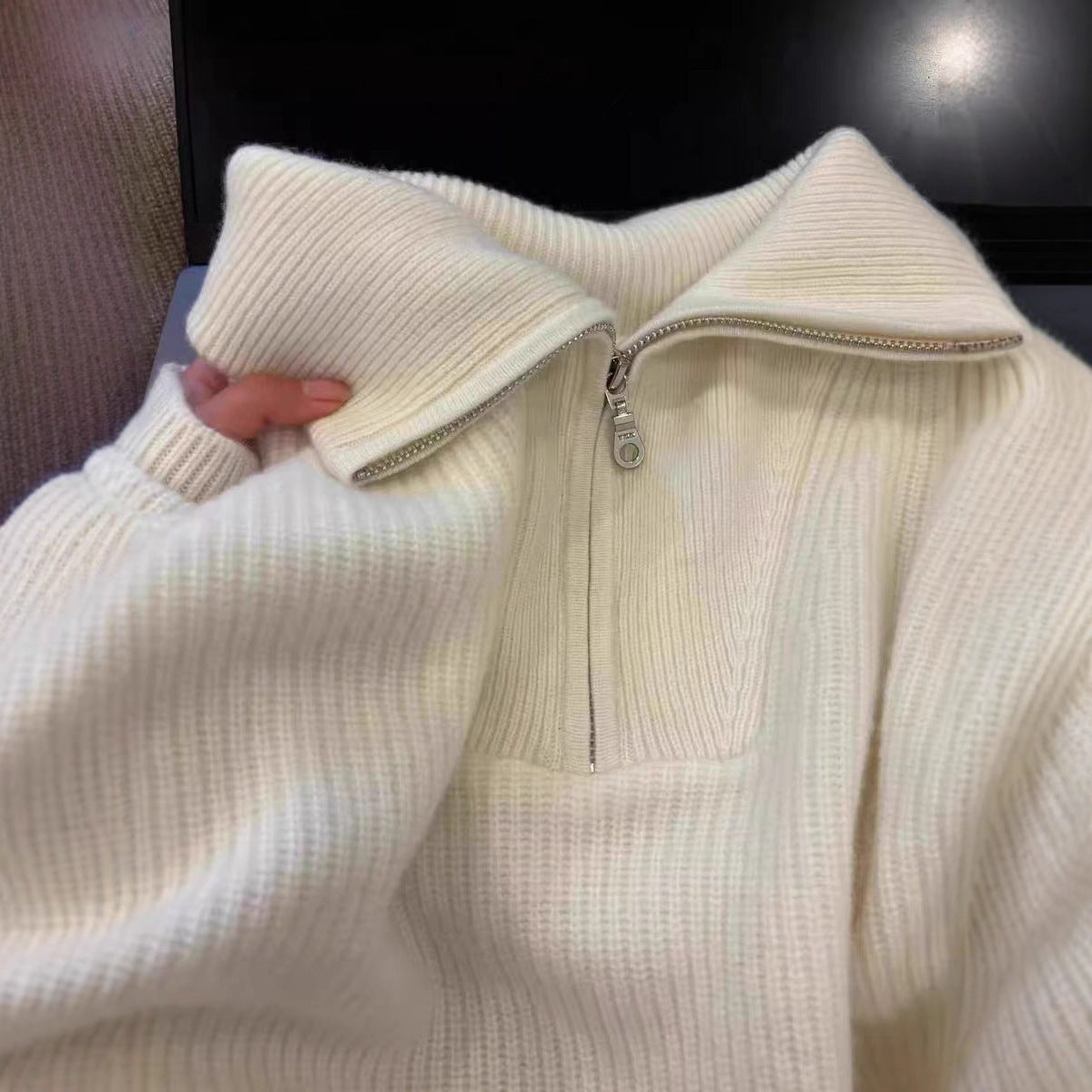 Raccoon Fur High Neck Semi-Zip Pullover Sweater Women