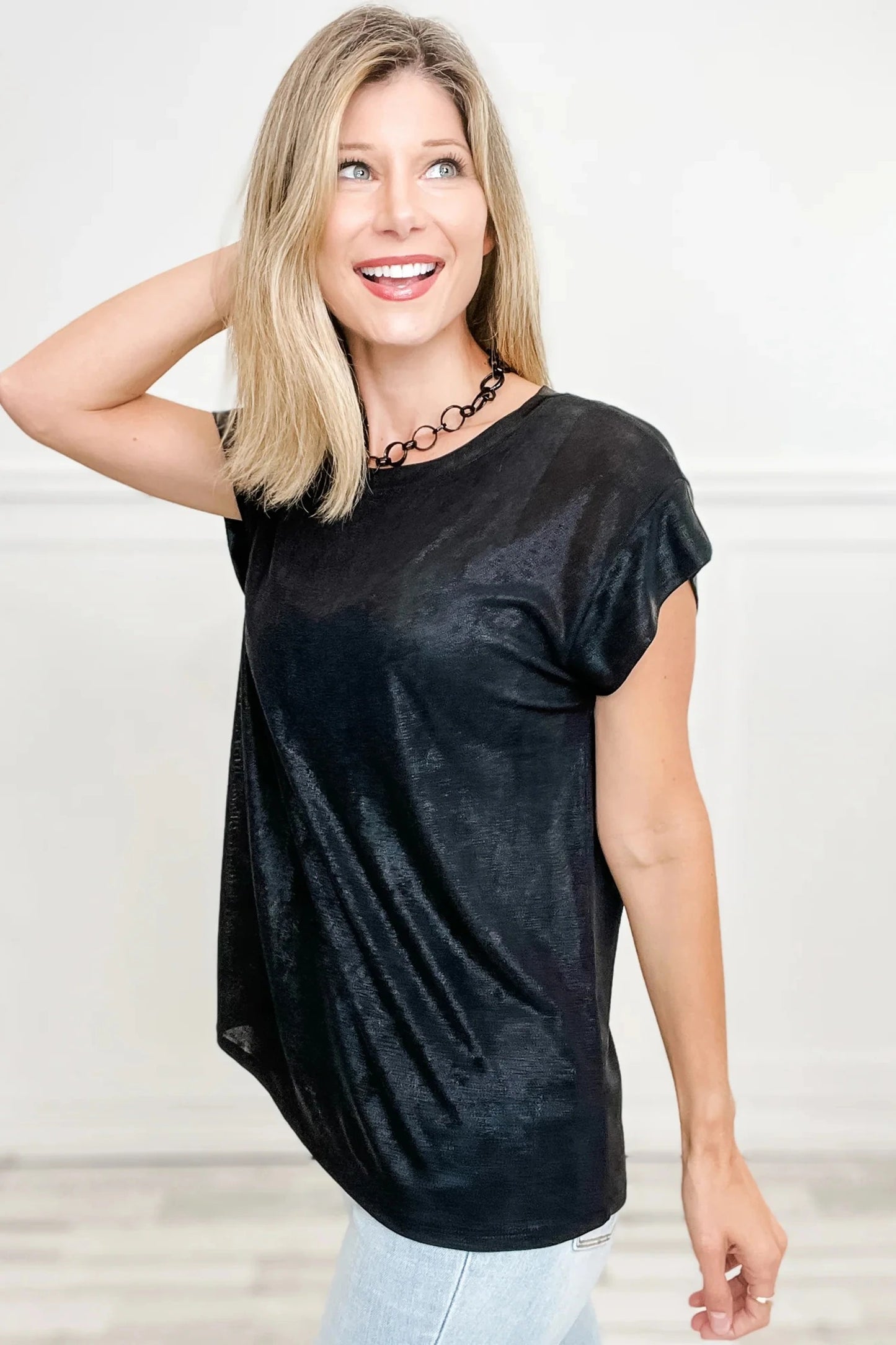 Womens Solid-color Casual Crew-neck Top