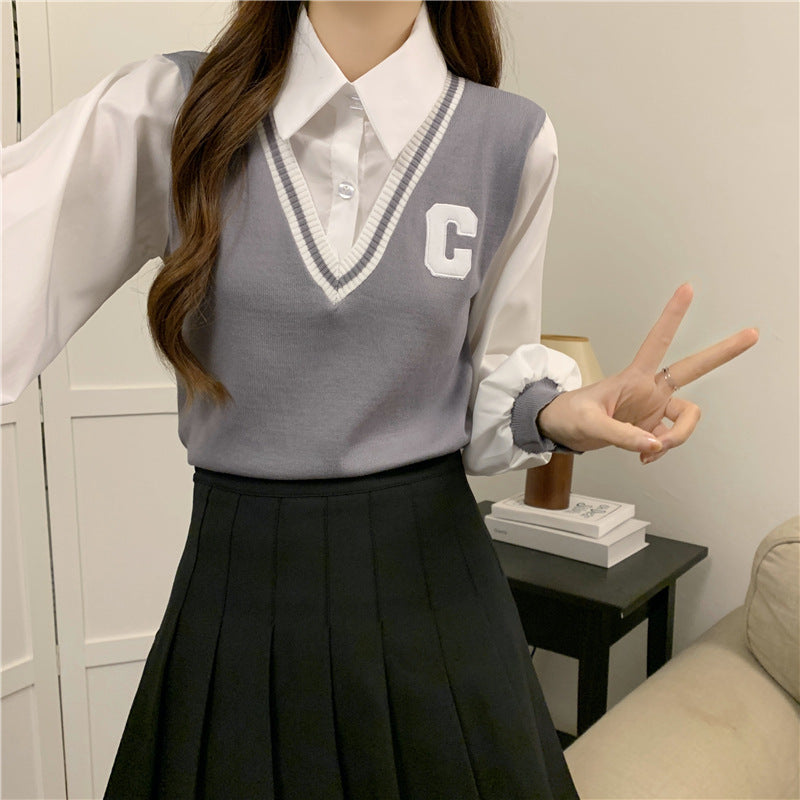 College Style Vest Autumn Outer Wear Knitted Sweater For Women