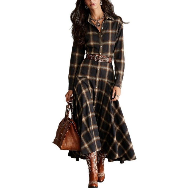 New Retro Chic Long-Sleeve Plaid Shirt Dress For Women