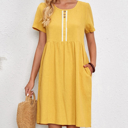 Cotton-linen Short-sleeve Loose-fitting Solid-color Dress