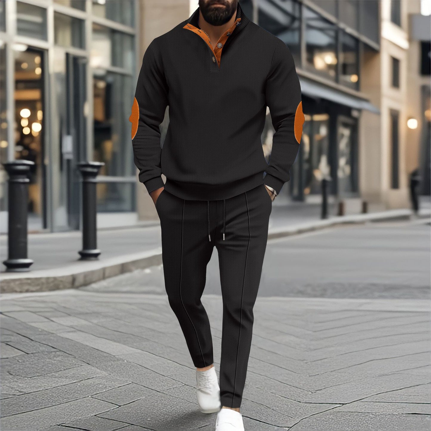Men's Half-Zip Waffle Casual Stand Collar Long Sleeve Sweatshirt Set