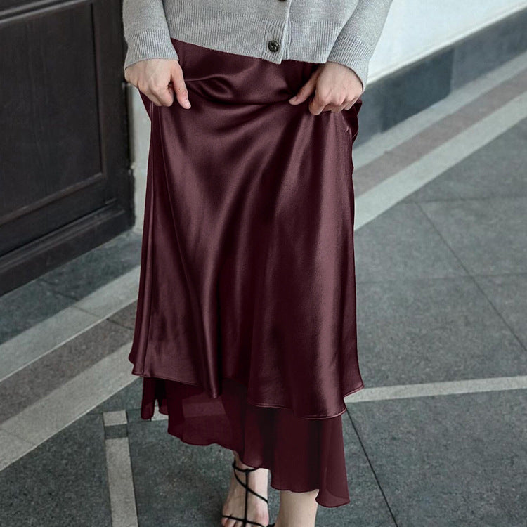 Satin Stitching Mesh Double-layer Sheath Skirt