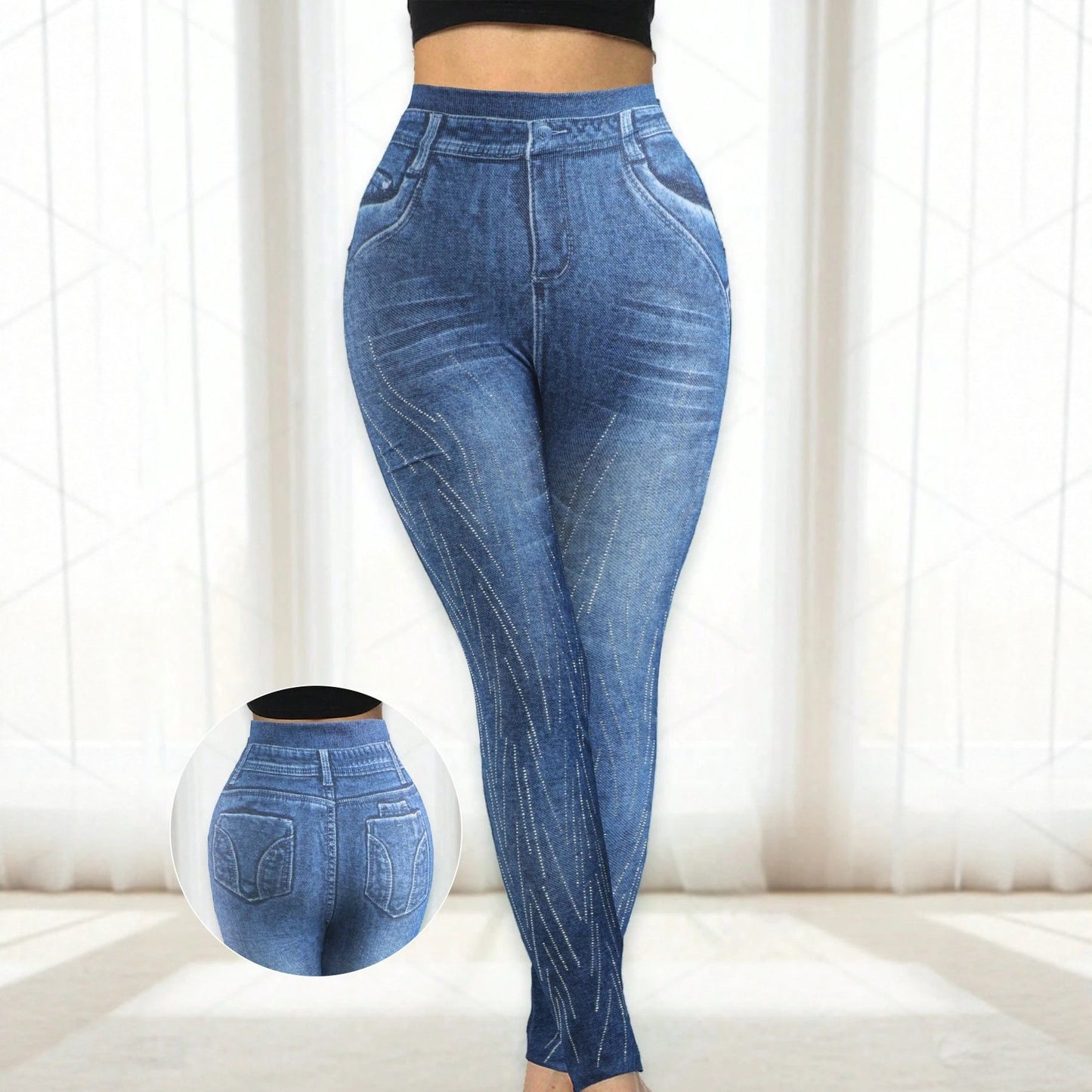 Fashionable, Versatile Printed Denim-style Leggings