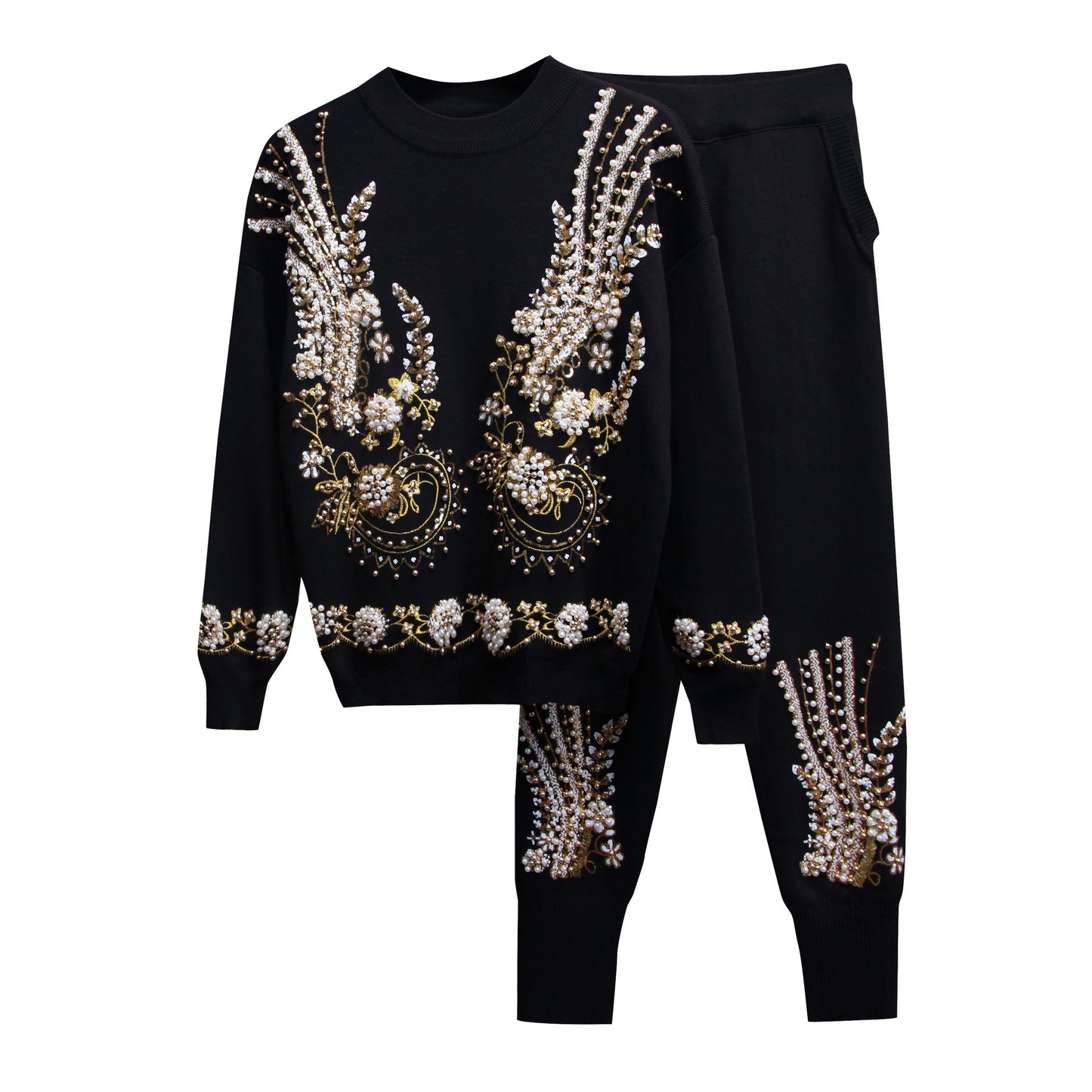 Women's Sequin Bead Long-sleeved Sweater Trousers Two-piece Set