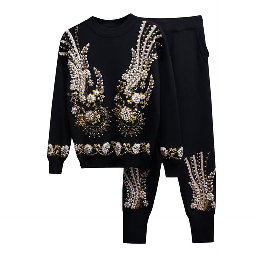 Women's Sequin Bead Long-sleeved Sweater Trousers Two-piece Set
