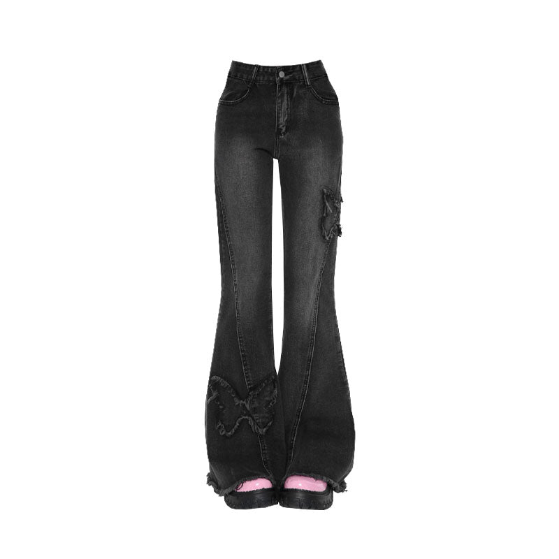 Vintage sommerfugl klistret stofbroderi jeans lige ben vidde bukser