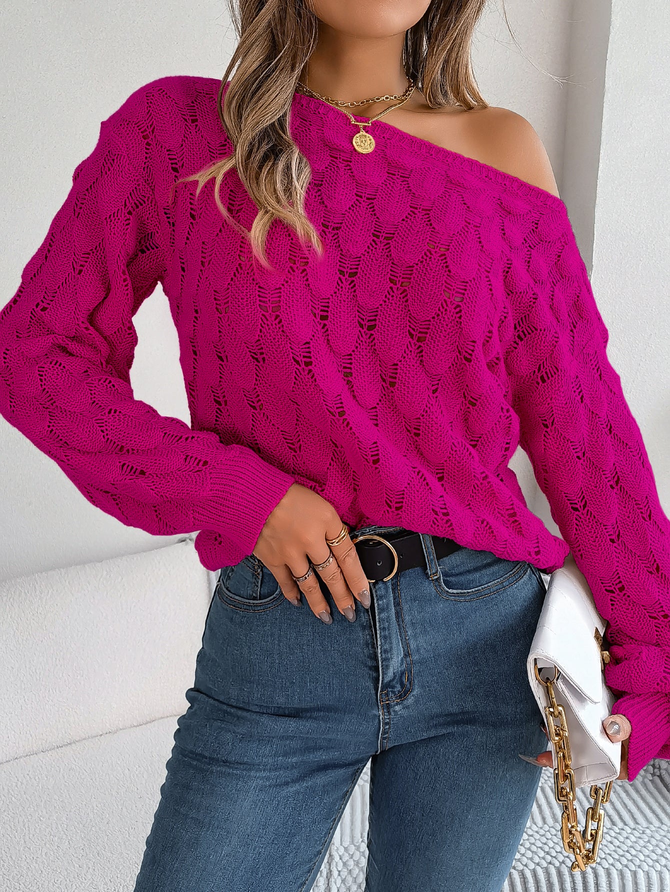 Women Casual Feather Hollow Out Off-Shoulder Lantern Sleeve Sweater