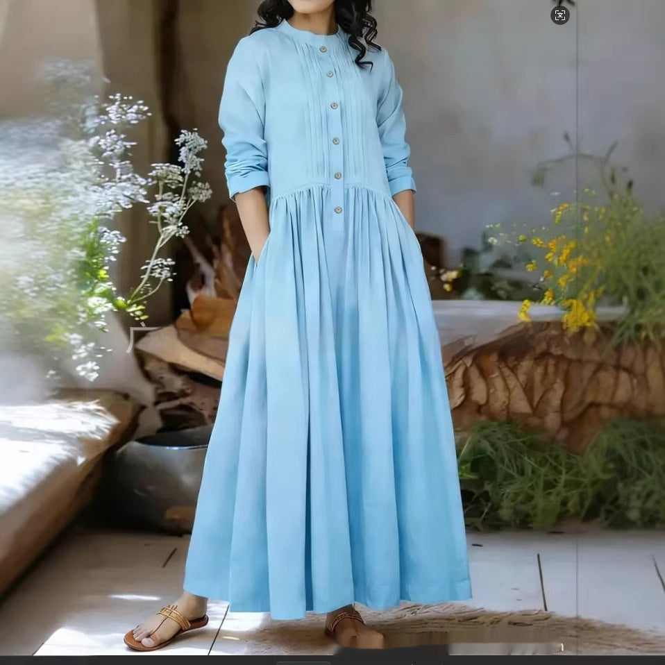 Womens Solid-Colored Stand-Up Collar Long-Sleeve Loose A-Line Dress