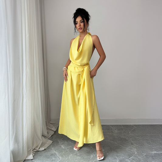 Womens Solid-Color Elegant French-Style Resort Halter Dress