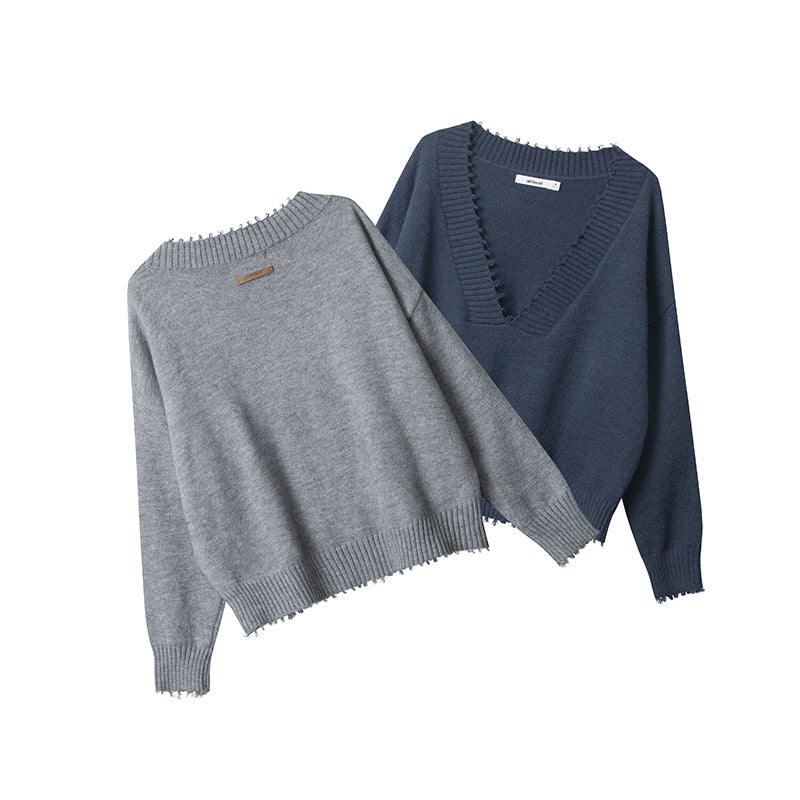 European And American Raw Edges Design V-neck Long-sleeved Sweater