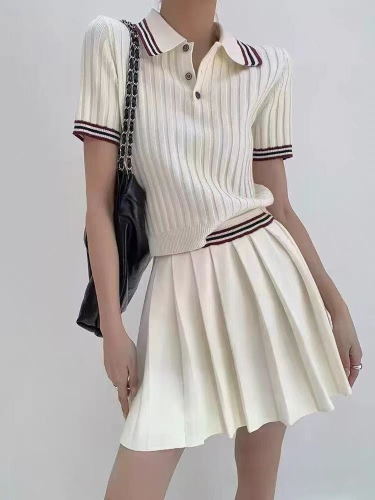 Womens Short Knitted Pleated Skirt Two-Piece Set