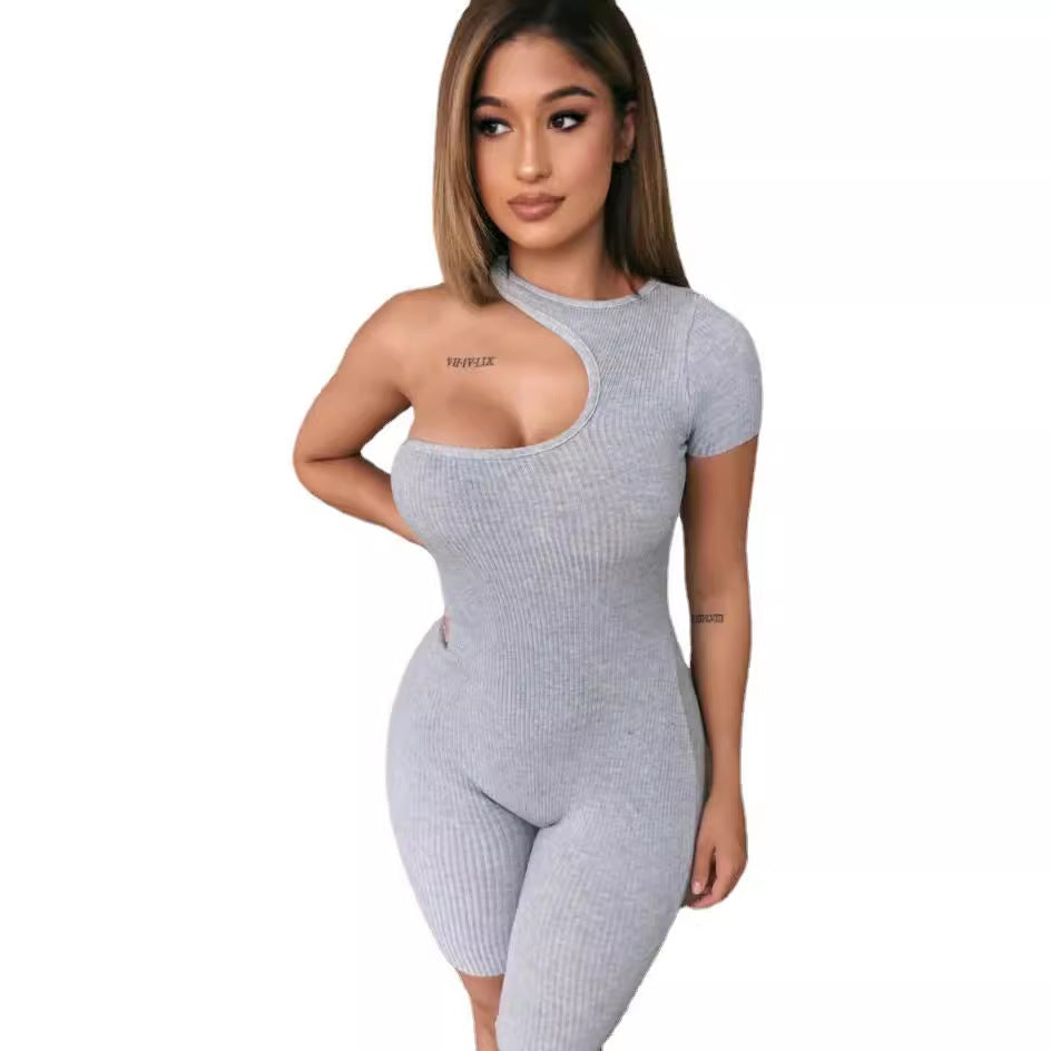 Womens High-stretch One-shoulder Short-sleeve Jumpsuit Shorts