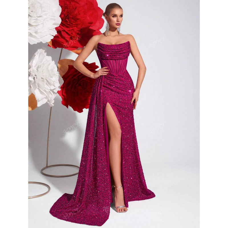 Womens Off-the-Shoulder Hollowed-Out Fishbone Pleated Dress