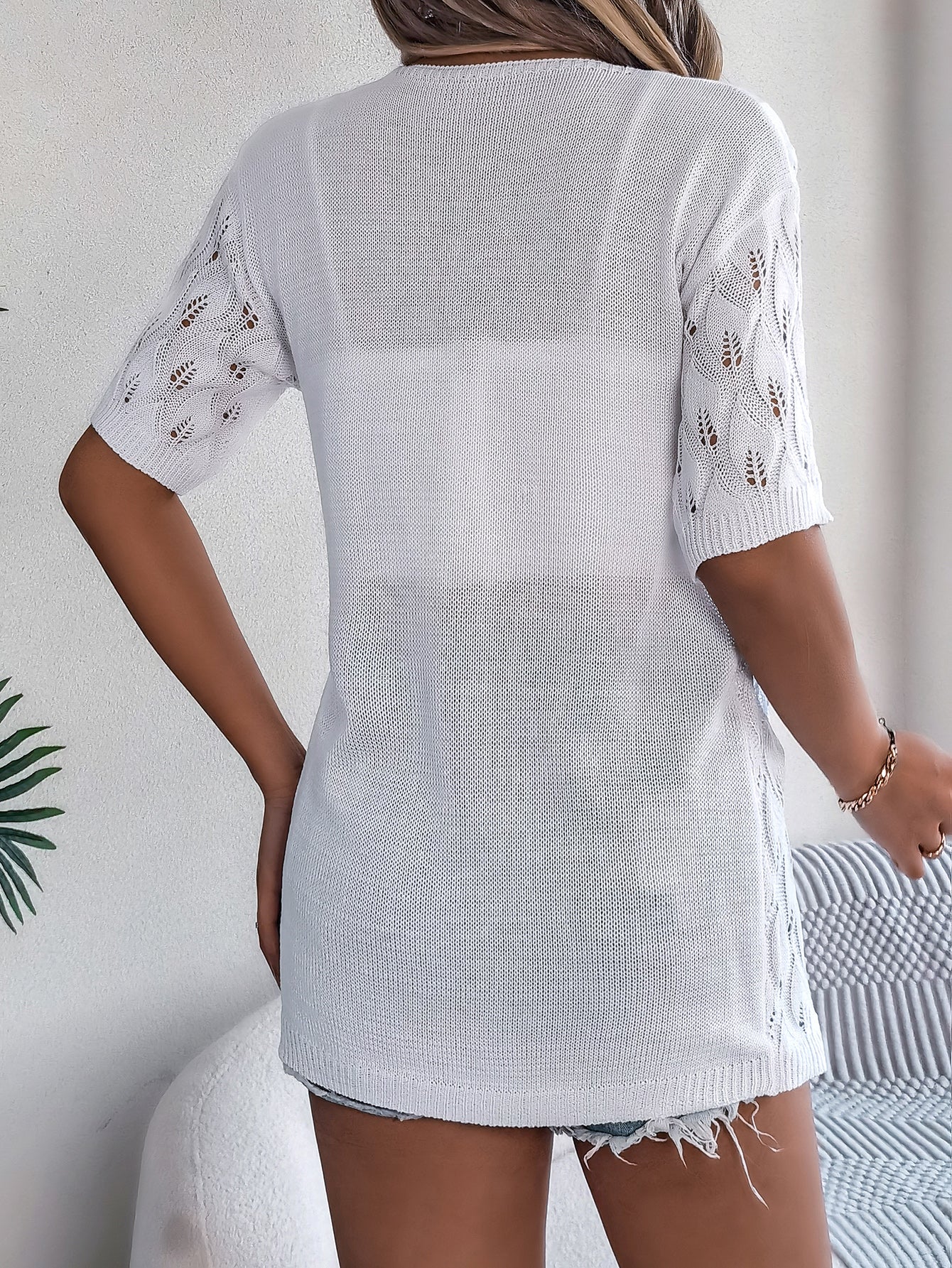 Women S Leaf Hollow Out Short Sleeve Knit Cardigan Vacation Cover-Up