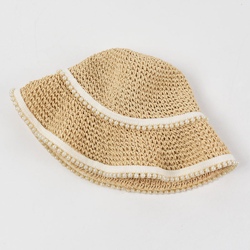 Pearl Decoration Hand Crochet Paper Straw Hat Foldable Big Brim Sunshade Beac