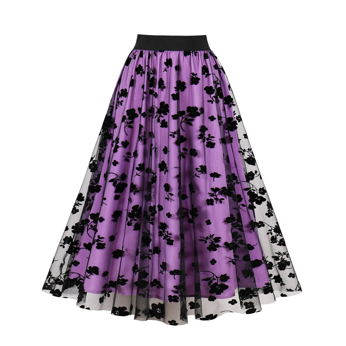 Mesh Double Layer Flock Printing Big Hem Skirt