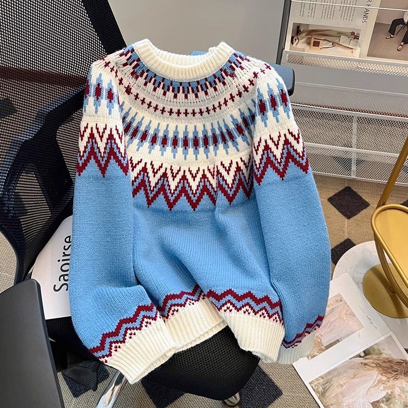 Womens Fair Isle Pullover Loose-Fit Extra-Soft Sweater