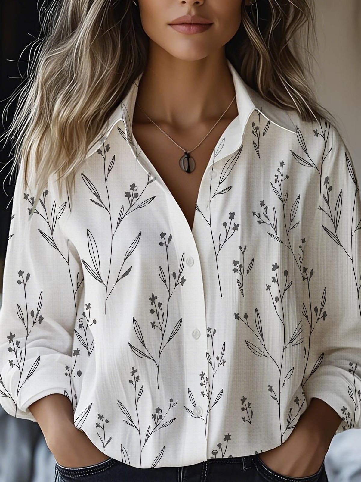 Floral-print Long-sleeve Shirt Delicate Linen Casual Blouse