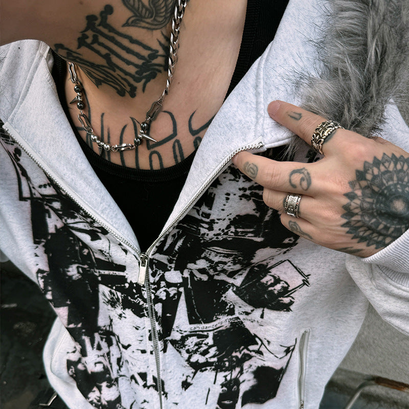 Printed Long Fur Collar Slim-fit Hood Zipper Cardigan Sweater Coat