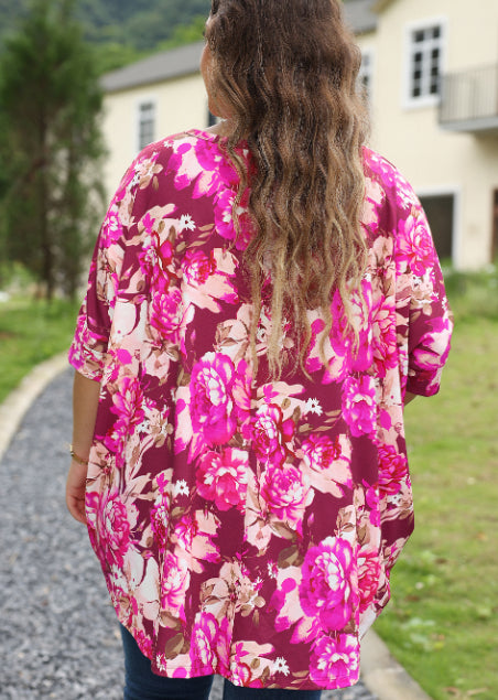 Red Floral Print Short Sleeve Plus Size Blouse