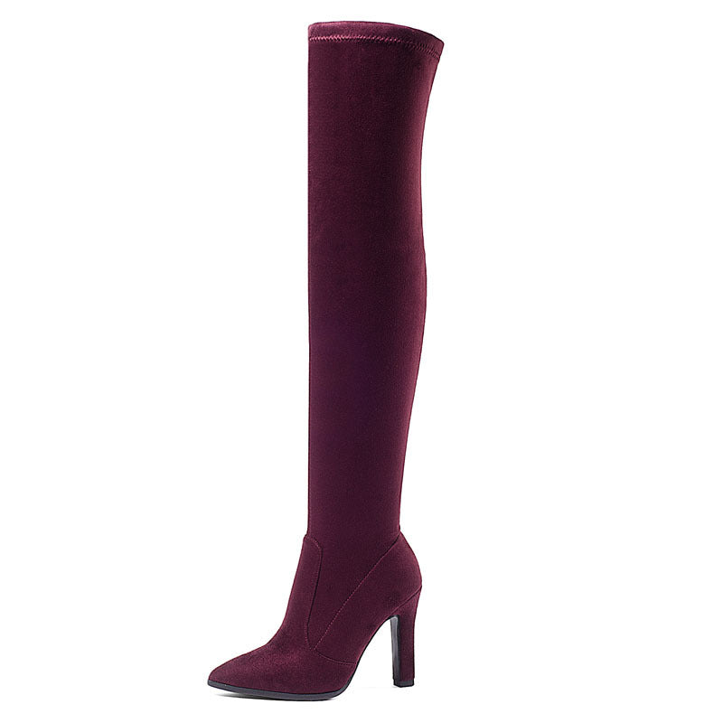Women's Boots Suede Pointed Toe Chunky Heel Shoes High-heeled High Top Leg Repair Stretch Boots Boots